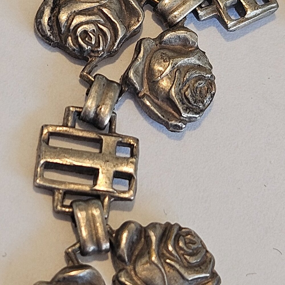 Antique 19c Victorian Sterling Silver Catholic Rose Cross Double Sided Bracelet - Picture 2 of 4